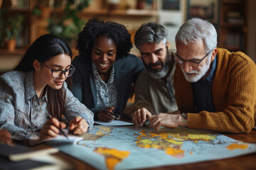 Fototapeta premium Group of diverse people planning a journey on a world map.