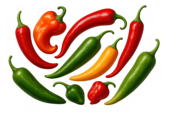 Assorted chili peppers of various colors and shapes are displayed on a transparent background, creating a vibrant and flavorful image