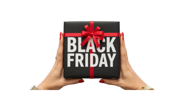 Woman's Hands Holding Black Friday Gift Box with Red Ribbon