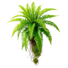 fern leaf cluster with moss and exposed roots isolated on transparent background