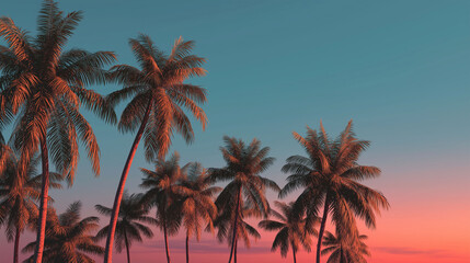 Obraz premium Palm Trees Against Colorful Sky: Witness the beauty of tropical tranquility with the silhouettes of elegant palm trees painted by the setting sun. This tranquil scene captures the essence of paradise.