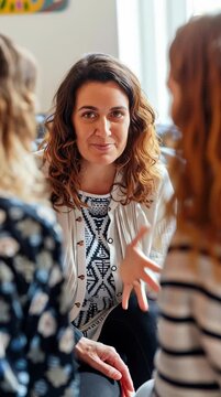 Adult woman with curly hair and medium skin engages in conversation while sitting indoors