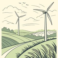 Harnessing Energy: Wind turbines stand tall in a picturesque landscape, a symbol of eco-friendly energy generation, promoting a harmonious blend of nature and technology.
