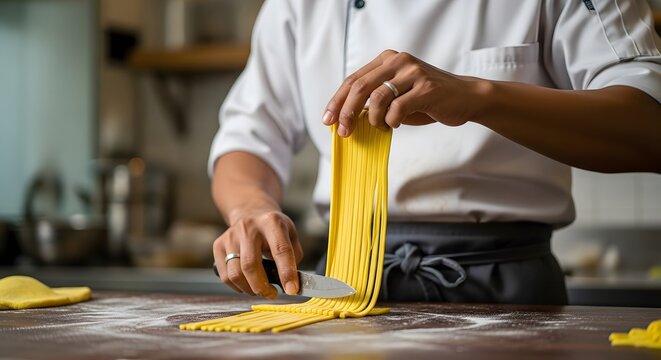 Fresh Pasta in the Making: A Close-Up of a Chef Preparing Homemade Noodles,Crafting Culinary Delights: Skilled Chef Shapes Golden Pasta into Perfect Strands for Gourmet Dishes