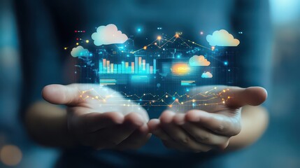 Person holding digital cloud data with charts and graphs in their hands with a blue background