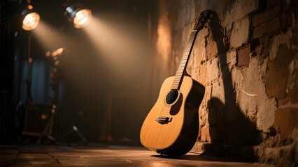 Acoustic guitar leaning against a rustic brick wall under warm stage lights