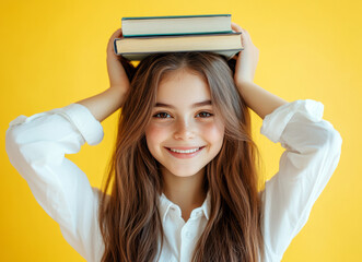 Portrait of a happy schoolgirl with books on her head. The concept of education and studying at school.
