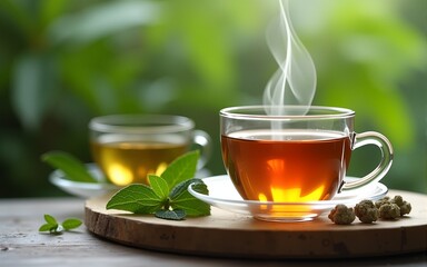 Therapeutic Tea ceremony glasses herbs. Cafe leaf. Generate Ai. High quality