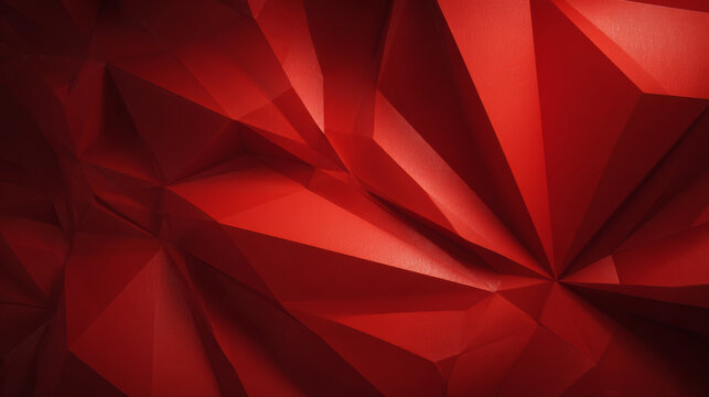 Red geometric paper texture with sharp folds and shadows creating dynamic and intense abstract background design