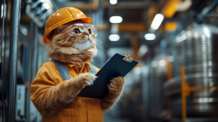 Ginger cat dressed as an industrial worker, wearing a hardhat and safety glasses, inspecting a factory while holding a clipboard