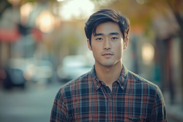 Young Asian man wearing plaid shirt poses confidently in an urban street during golden hour with warm natural light illuminating his features
