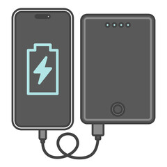 スマートフォンとUSBケーブルで接続・充電中のモバイルバッテリー、黒色・ブラック