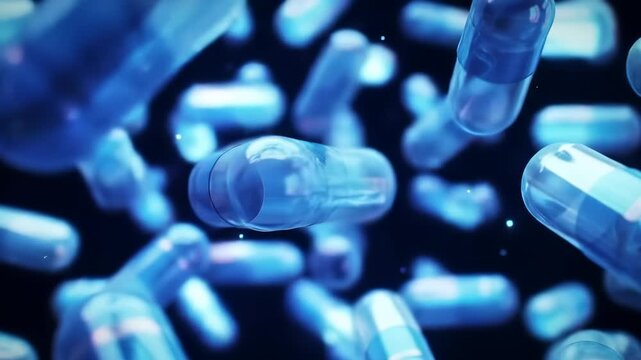 Blue capsule medicine pharmaceutical supplement healthcare floating transparent closeup modern science, blue transparent capsules float dark background representing modern medicine healthcare