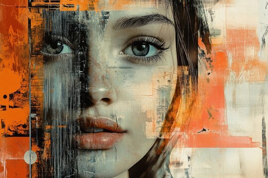Exploration of modern design through contemporary art collage featuring a captivating portrayal of a young woman's face with bold colors and abstract elements