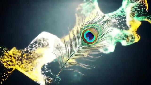 A close-up of a peacock feather with vibrant, glowing particles forming a stylized background.