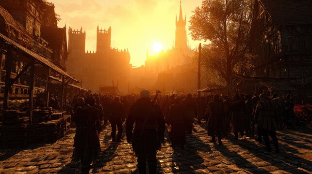 Sunset Crowd Walking Medieval Cityscape