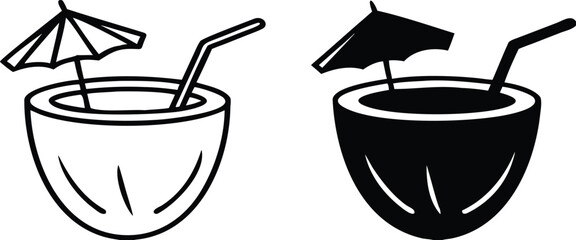 Coconut Drink Icons. Black and White Vector Icons. Coconut, Umbrella, and Straw. Festive Sweet Drink. Brazilian Carnival Concept

