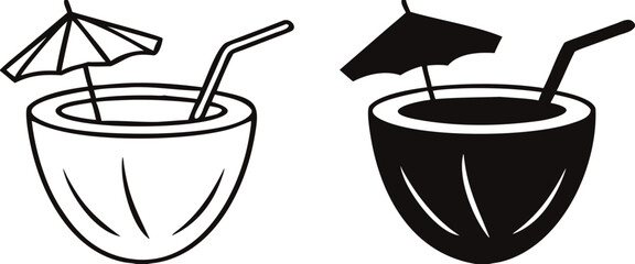 Coconut Drink Icons. Black and White Vector Icons. Coconut, Umbrella, and Straw. Festive Sweet Drink. Brazilian Carnival Concept
