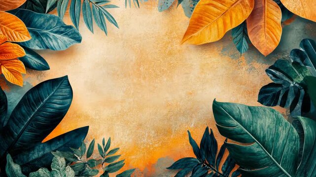Vibrant foliage framing a textured orange background, ideal for nature-themed designs