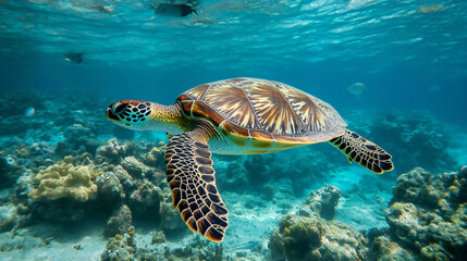 Fototapeta premium Majestic Sea Turtle Swimming Freely in Ocean Water near Coral Reefs