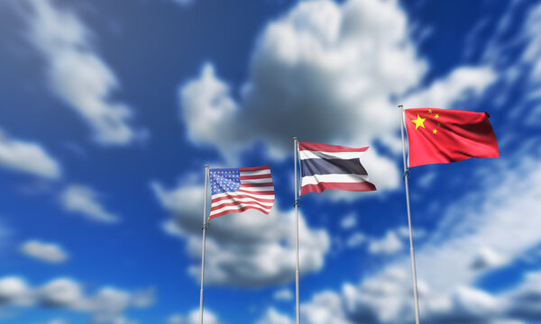 usa china thailand siam united state america us chinese flag waving blue sky cloudy background wallpaper copy space tax tariff vat import export trump donald shipping 36% trade war harbor freight tax