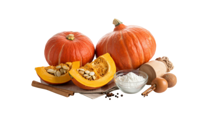 Autumn Harvest Pumpkins, Spices, and Flour for Baking