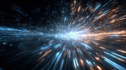 Fototapeta premium Bright streaks of blue and orange light radiate outward, simulating energy and motion in a vibrant, cosmic backdrop. The interplay of colors suggests a dynamic journey through space.
