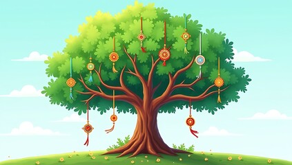 Illustrated concept of a tree with Rakhis tied to its branches, symbolizing universal bonding and eco-conscious celebration.


