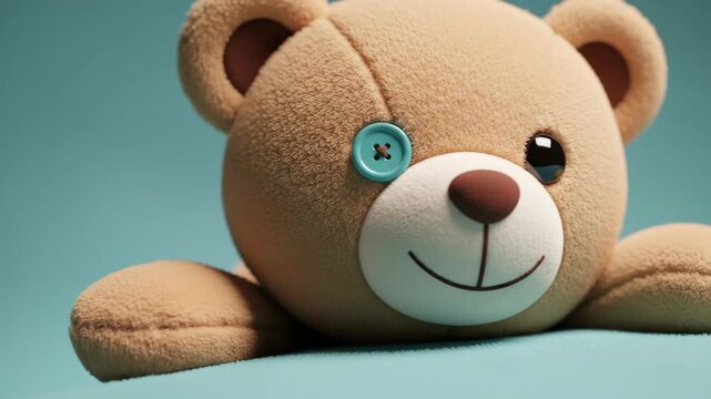 Charming teddy bear with mismatched eyes against a blue background, symbolizing unique individuality.