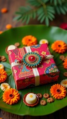 Gift box wrapped in ethnic fabric with a rakhi placed on top, surrounded by marigold flowers and festive sweets on a banana leaf.


