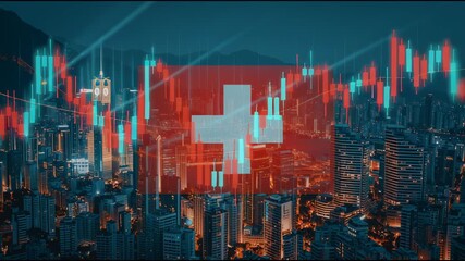 Swiss Financial Market Data Visualized Over City Skyline - Powered by Adobe