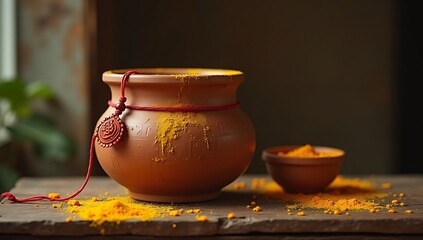 Minimal scene of a single Rakhi hanging from a clay pot with turmeric and sandalwood smeared on it, placed on a rustic shelf.

