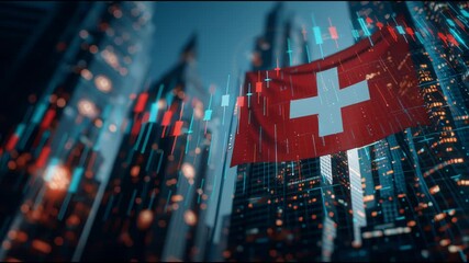 Swiss Flag with Digital Stock Market Data Overlayed on City Skyline - Powered by Adobe