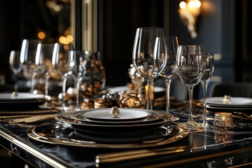 Elegant luxury table setting for a Christmas holiday party featuring black and gold decor, illuminated by soft ambient lighting in an upscale dining environment