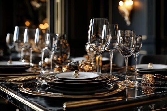 Elegant luxury table setting for a Christmas holiday party featuring black and gold decor, illuminated by soft ambient lighting in an upscale dining environment