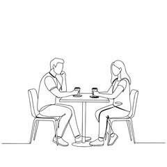 Man and woman sitting at table enjoying coffee in minimalistic style  