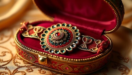 Close-up of designer Rakhis displayed in a jewelry-style velvet box with satin lining and a background of gold embroidery cloth.

