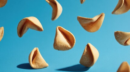 A series of fortune cookies are suspended in mid-air, showcasing their iconic shapes. The bright blue background adds vibrancy, highlighting the cookies' texture and form.