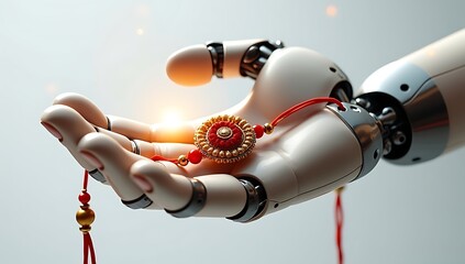 A futuristic robot hand gently holding a traditional Rakhi, blending emotion and technology in a cross-time sibling tribute.

