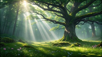 Sunlight streaming through the trees in a lush green forest with flowers and mossy ground cover