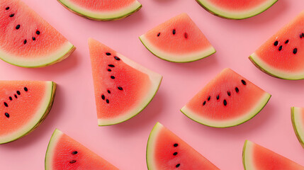 Summer Slices: Fresh watermelon slices arranged on a bright pink surface, capturing the essence of a refreshing and vibrant summer season.