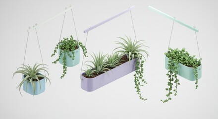 Hanging plants in pastel planters