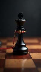 A chessboard with a single Rakhi tied around the black king, hinting at strategy, protection, and unexpected symbolism.

