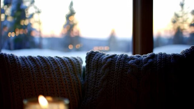 Cozy pillow knit texture and candlelight create warm winter window scene for home relaxation, with soft, peaceful, and tranquil atmosphere, inviting comfort and soothing evenings at home