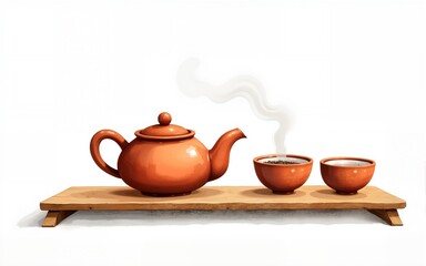Ceramic clay tea set with teapot and cups. Tea ceremony concept. Hand drawn watercolor illustration isolated on white background. High quality
