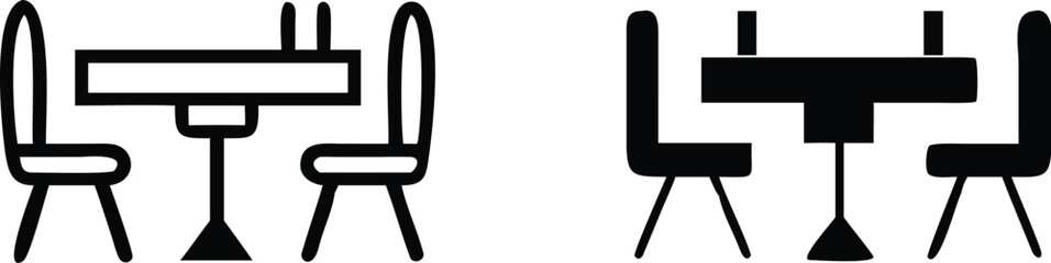 Black and White Street Cafe Icons. Vector Illustration of Table and Chairs in a Summer Restaurant. Leisure and tourism concept
