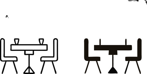 Black and White Street Cafe Icons. Vector Illustration of Table and Chairs in a Summer Restaurant. Leisure and tourism concept
