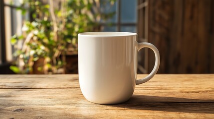 A white ceramic mug sitting on a wooden table with a blurred background of a window and greenery