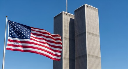 Fototapeta premium American Flag Flying with Towers Under Clear Blue Sky