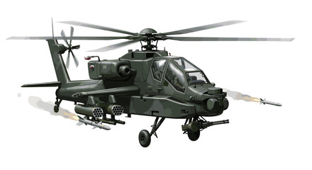 Military Apache Helicopter Firing Missiles Against Target